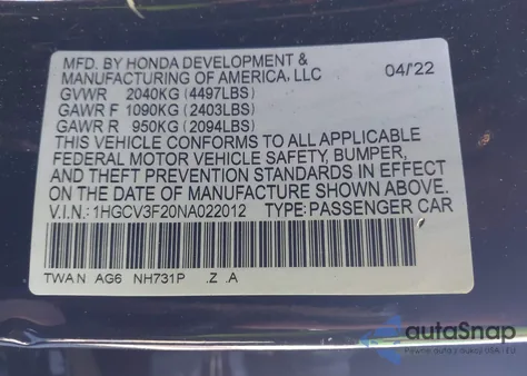 2022 Honda Accord Hybrid Sport z USA, uszkodzony, nr VIN 1HGCV3F20NA022012